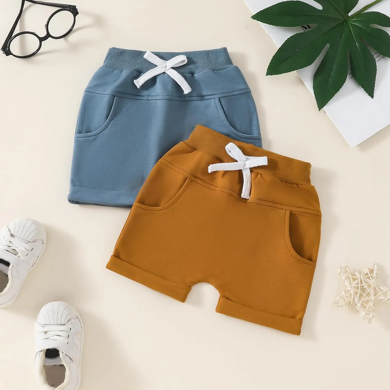 2 Pack Toddler Shorts Boys Girls Elastic Waist Solid Color Gingham Stripe Shorts Bottoms Summer