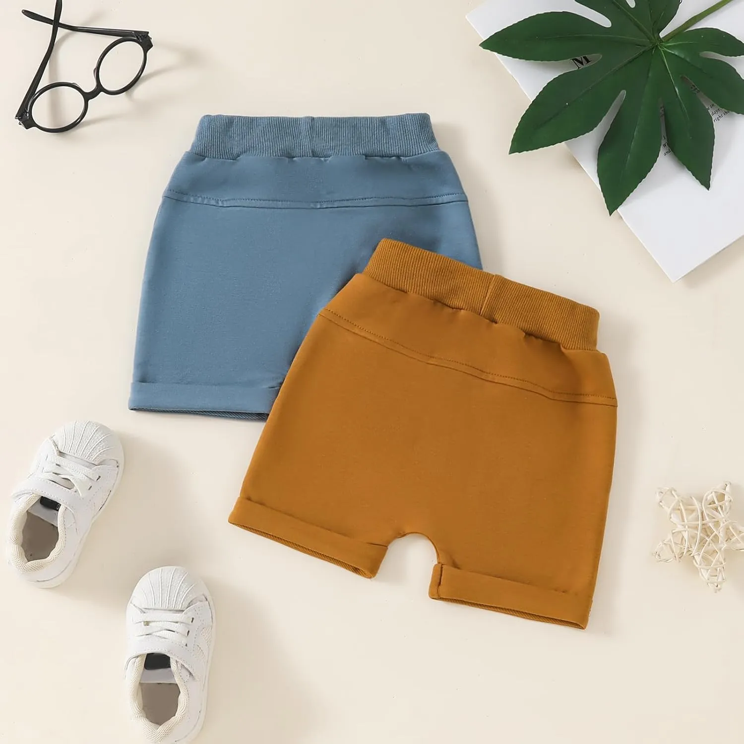 2 Pack Toddler Shorts Boys Girls Elastic Waist Solid Color Gingham Stripe Shorts Bottoms Summer
