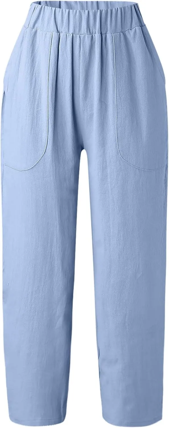 2024 Women Yoga Harem Pants Cotton Linen High Waist Elastic Ankle Pants Solid Casual Flowy Loose Sweatpants Trousers Pockets