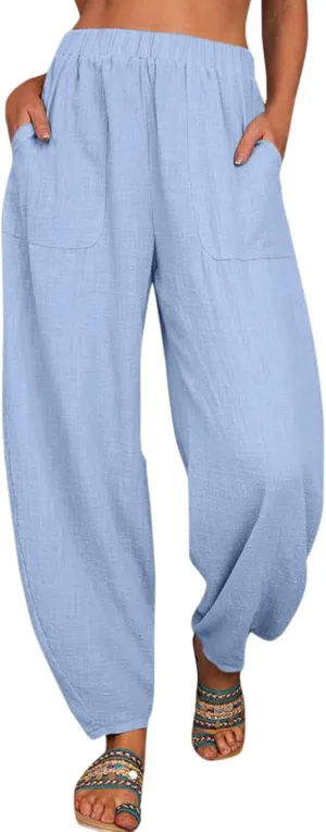 2024 Women Yoga Harem Pants Cotton Linen High Waist Elastic Ankle Pants Solid Casual Flowy Loose Sweatpants Trousers Pockets