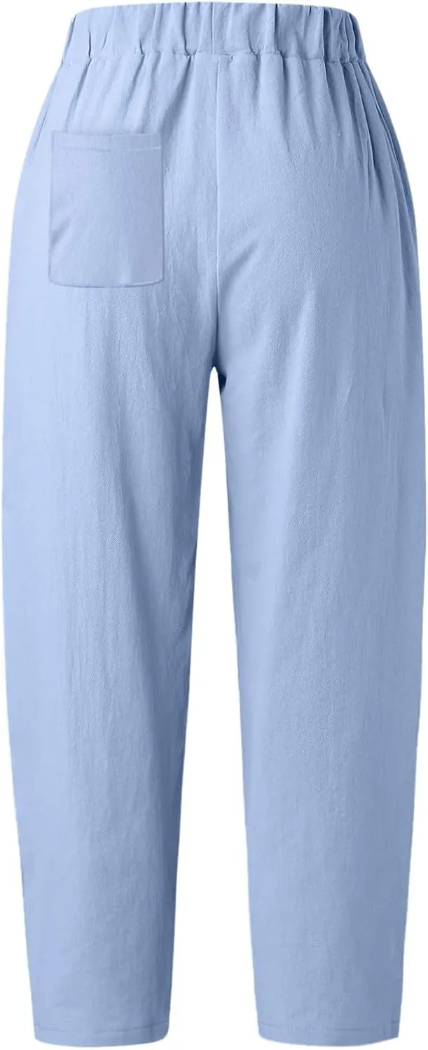2024 Women Yoga Harem Pants Cotton Linen High Waist Elastic Ankle Pants Solid Casual Flowy Loose Sweatpants Trousers Pockets