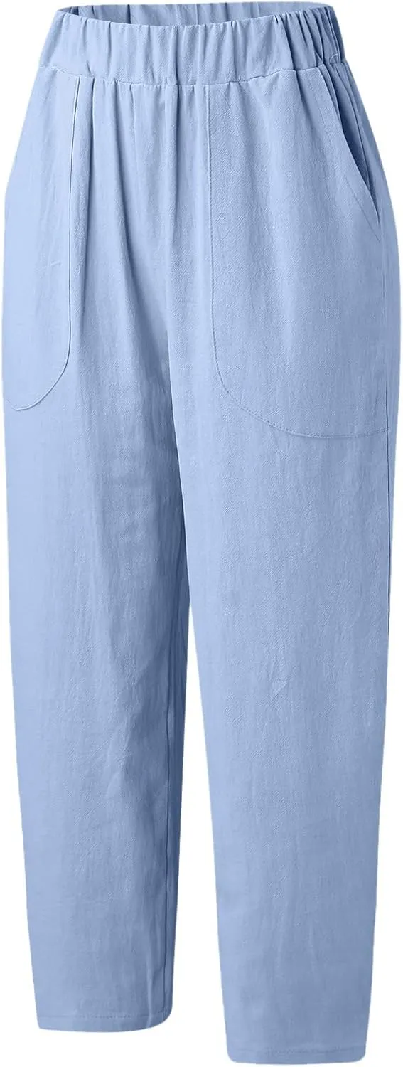 2024 Women Yoga Harem Pants Cotton Linen High Waist Elastic Ankle Pants Solid Casual Flowy Loose Sweatpants Trousers Pockets