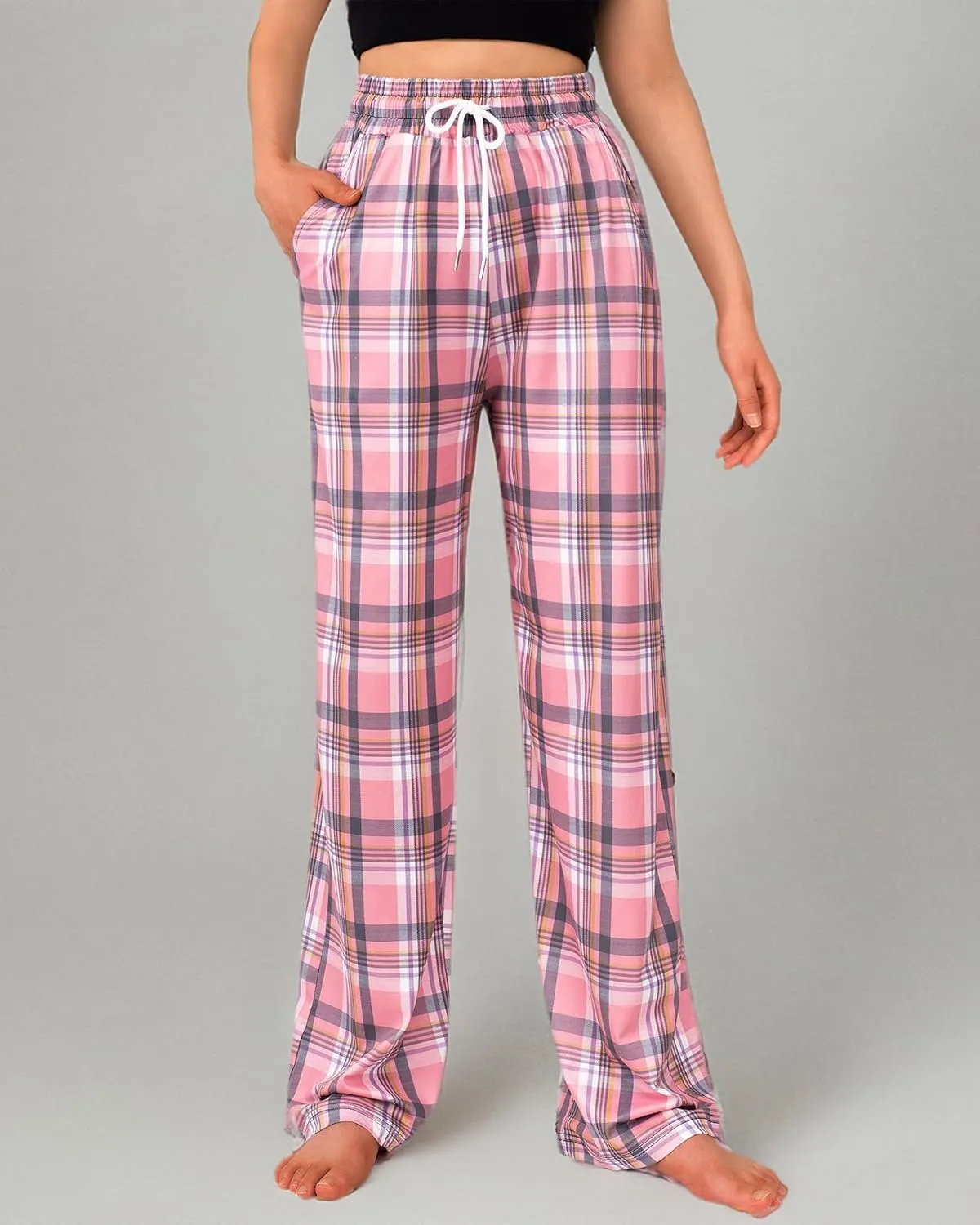 Alimens & Gentle Womens Pajama Pants Plaid Stretch Comfy Lounge Pants Drawstring Sleep Bottoms with Pockets
