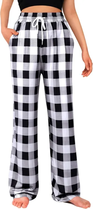 Alimens & Gentle Womens Pajama Pants Plaid Stretch Comfy Lounge Pants Drawstring Sleep Bottoms with Pockets