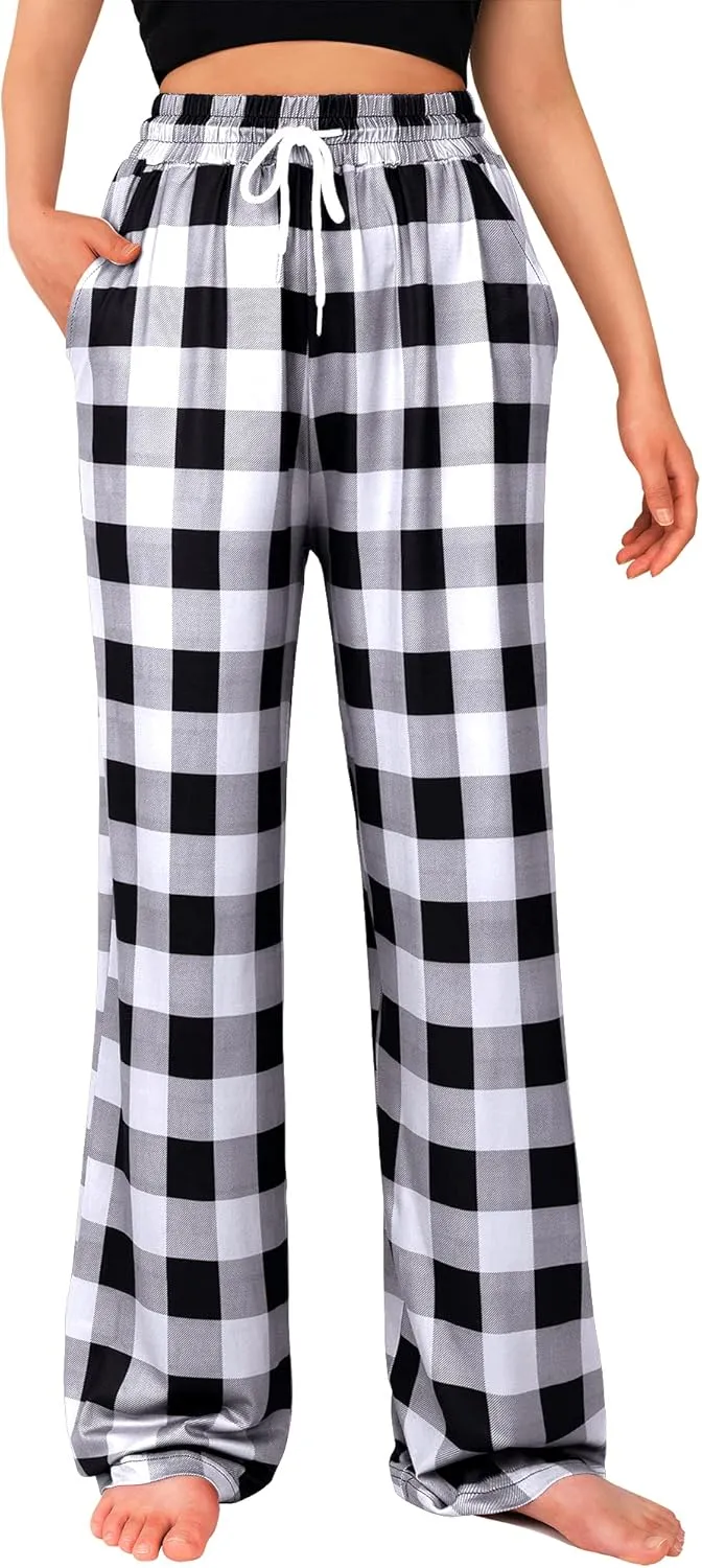 Alimens & Gentle Womens Pajama Pants Plaid Stretch Comfy Lounge Pants Drawstring Sleep Bottoms with Pockets