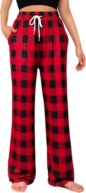 Alimens & Gentle Womens Pajama Pants Plaid Stretch Comfy Lounge Pants Drawstring Sleep Bottoms with Pockets