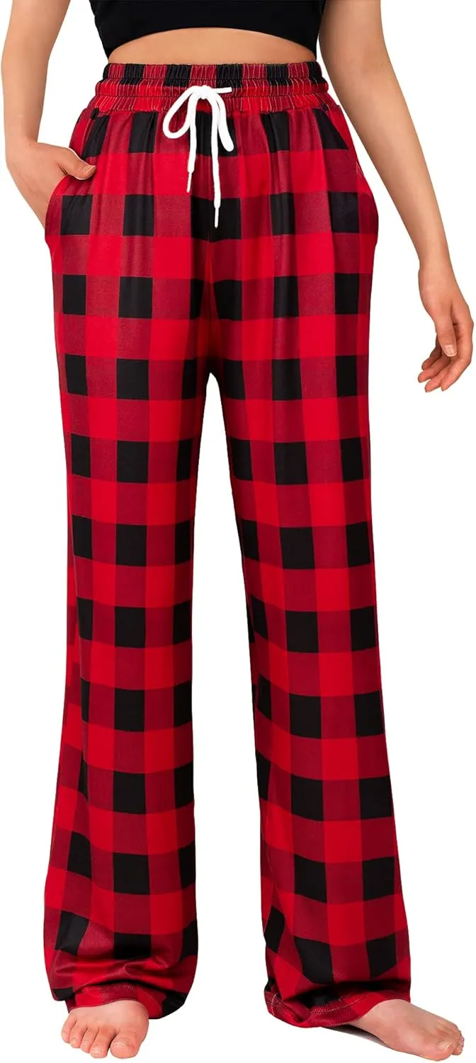 Alimens & Gentle Womens Pajama Pants Plaid Stretch Comfy Lounge Pants Drawstring Sleep Bottoms with Pockets