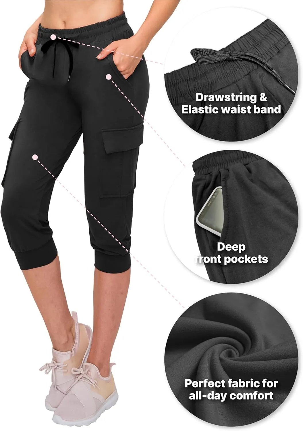 ALWAYS Capri Cargo Jogger Pants for Women - Super Soft Casual Drawstrings Track Cuff Bottoms
