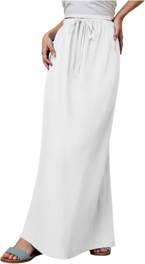 AMDBEL Maxi Skirts for Women Summer,Cotton Linen Long Skirts Boho Casual Flowy Skirts Drawstring Waist A Line Beach Skirts