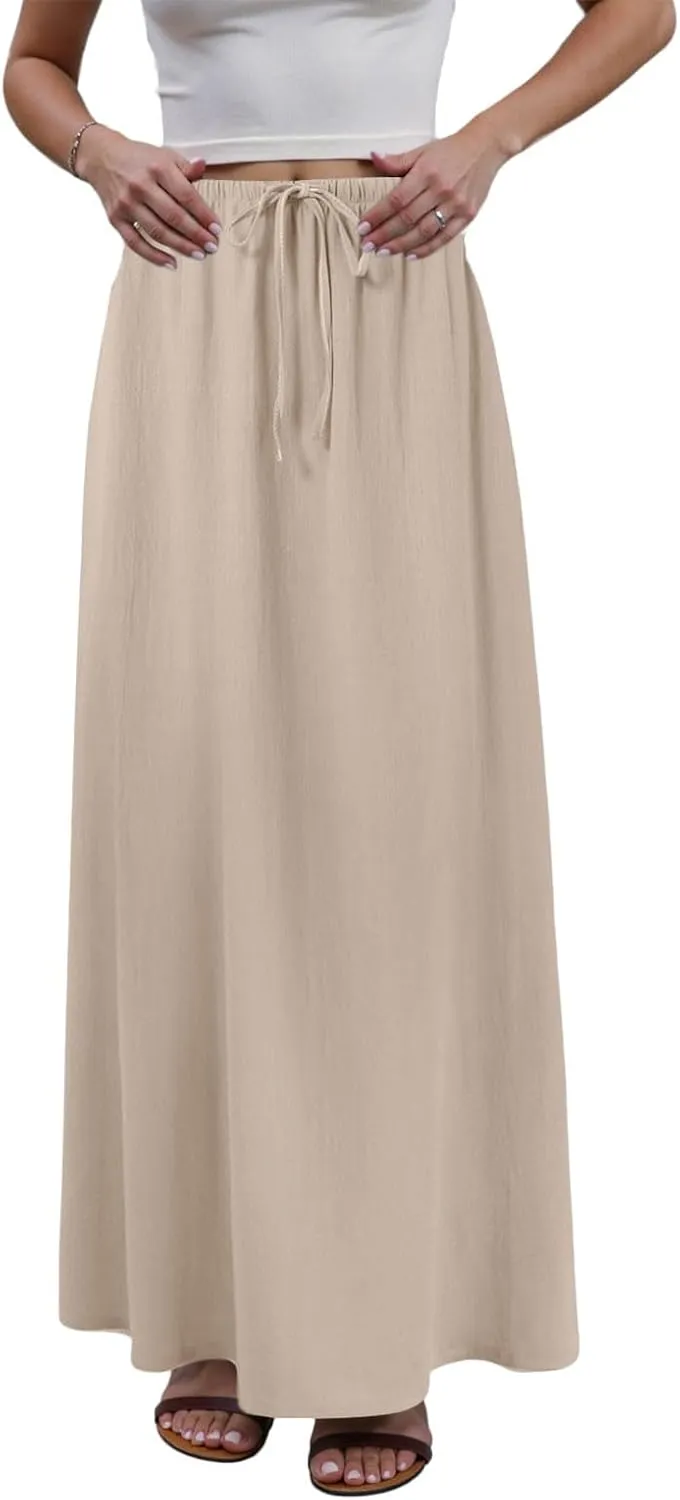 AMDBEL Maxi Skirts for Women Summer,Cotton Linen Long Skirts Boho Casual Flowy Skirts Drawstring Waist A Line Beach Skirts