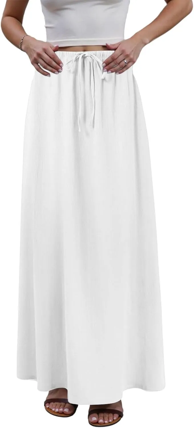 AMDBEL Maxi Skirts for Women Summer,Cotton Linen Long Skirts Boho Casual Flowy Skirts Drawstring Waist A Line Beach Skirts