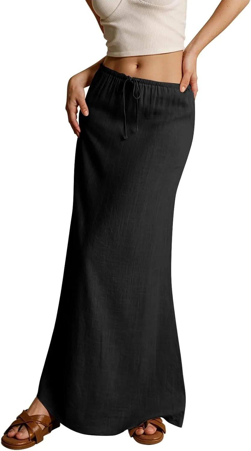 AMDBEL Maxi Skirts for Women Summer,Cotton Linen Long Skirts Boho Casual Flowy Skirts Drawstring Waist A Line Beach Skirts