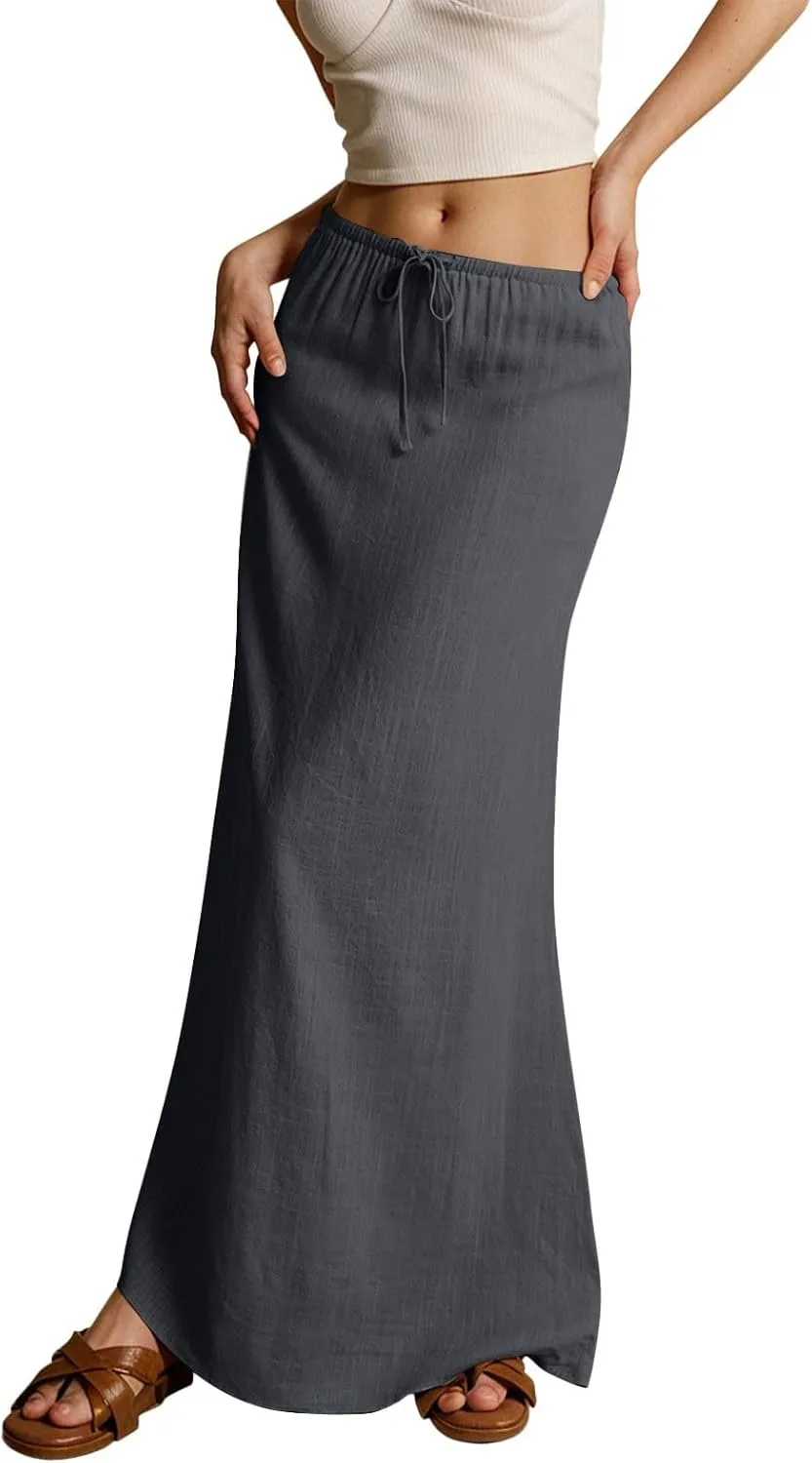 AMDBEL Maxi Skirts for Women Summer,Cotton Linen Long Skirts Boho Casual Flowy Skirts Drawstring Waist A Line Beach Skirts