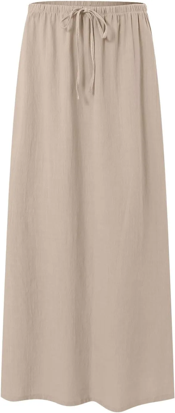 AMDBEL Maxi Skirts for Women Summer,Cotton Linen Long Skirts Boho Casual Flowy Skirts Drawstring Waist A Line Beach Skirts