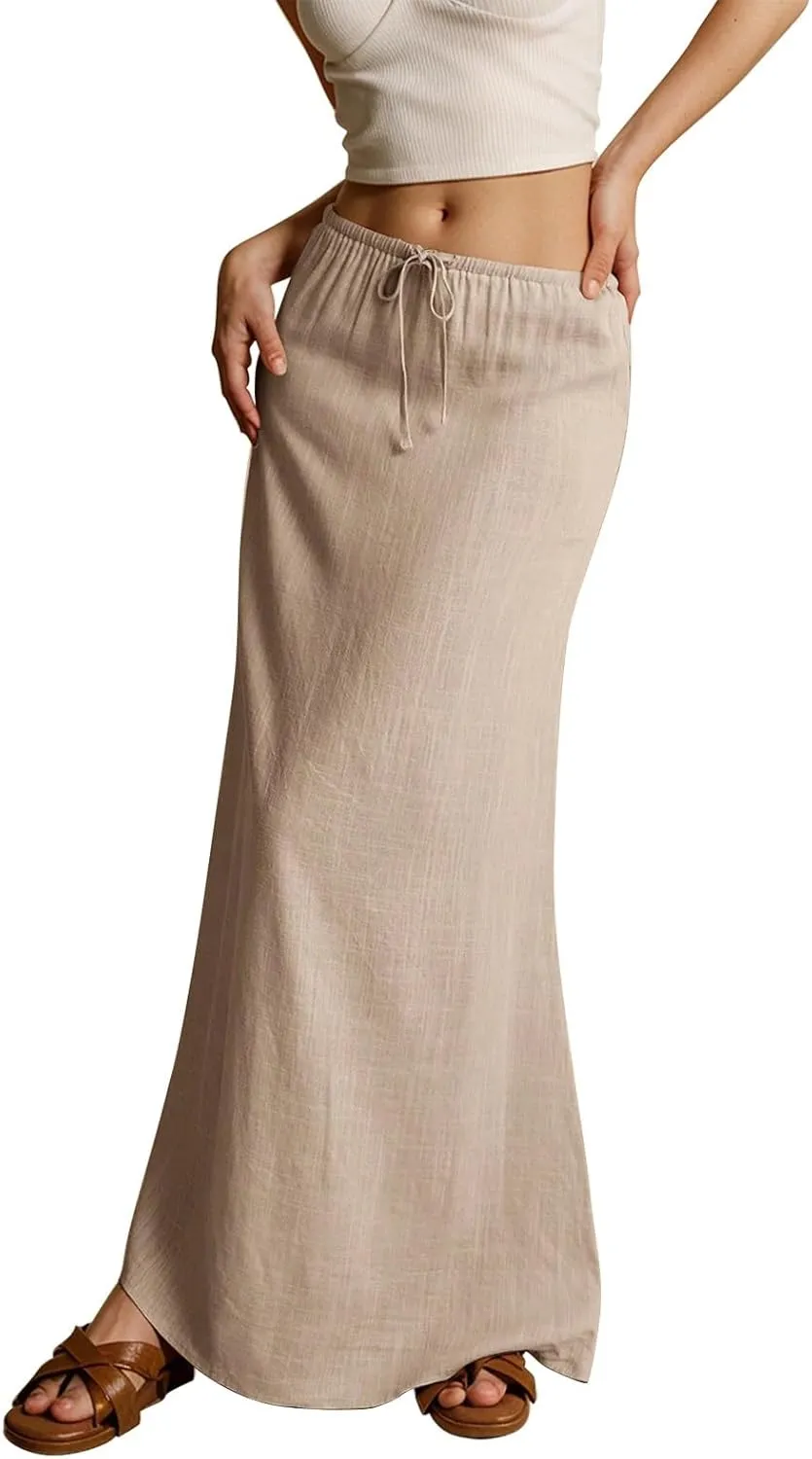 AMDBEL Maxi Skirts for Women Summer,Cotton Linen Long Skirts Boho Casual Flowy Skirts Drawstring Waist A Line Beach Skirts