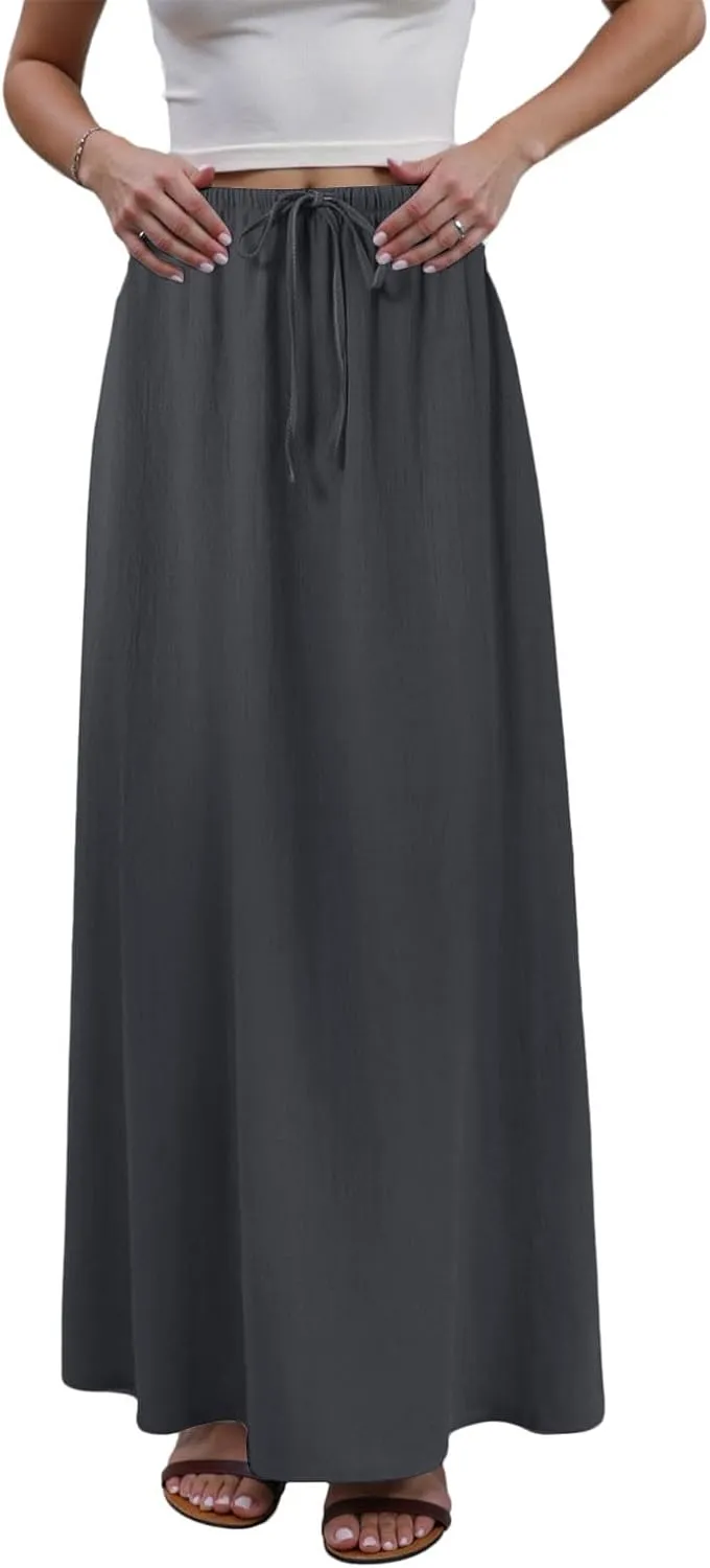 AMDBEL Maxi Skirts for Women Summer,Cotton Linen Long Skirts Boho Casual Flowy Skirts Drawstring Waist A Line Beach Skirts