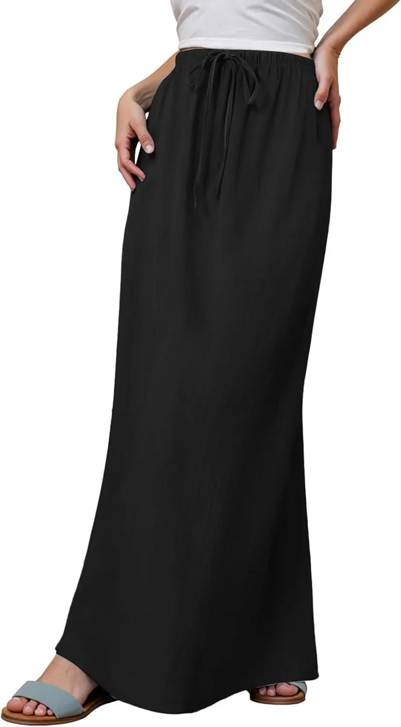 AMDBEL Maxi Skirts for Women Summer,Cotton Linen Long Skirts Boho Casual Flowy Skirts Drawstring Waist A Line Beach Skirts