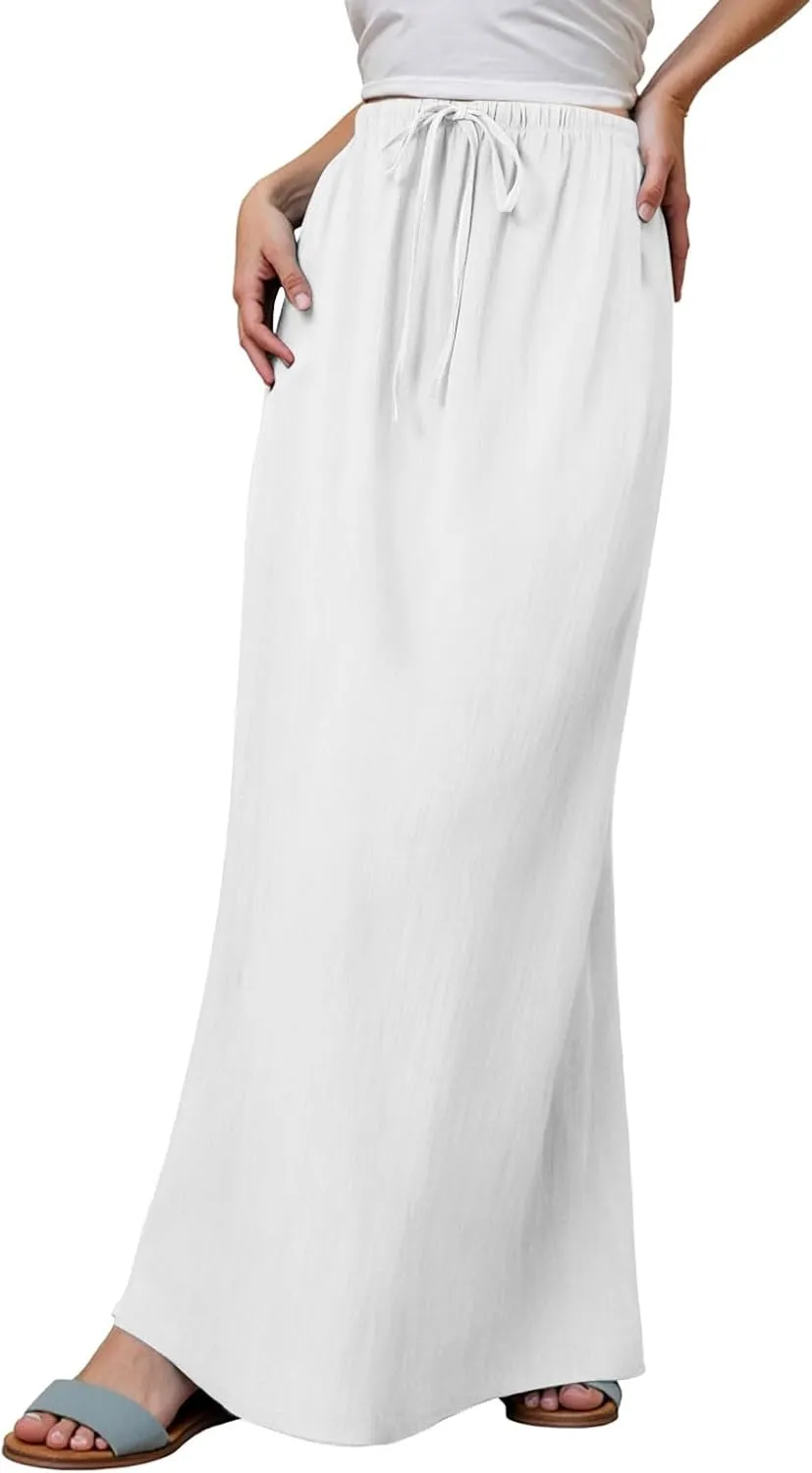 AMDBEL Maxi Skirts for Women Summer,Cotton Linen Long Skirts Boho Casual Flowy Skirts Drawstring Waist A Line Beach Skirts