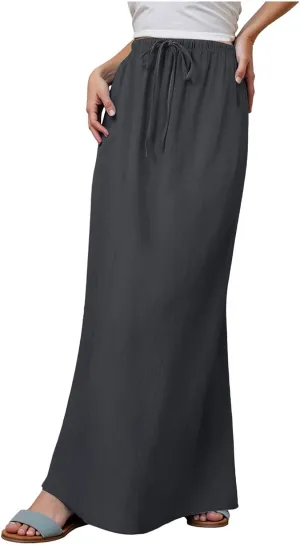 AMDBEL Maxi Skirts for Women Summer,Cotton Linen Long Skirts Boho Casual Flowy Skirts Drawstring Waist A Line Beach Skirts
