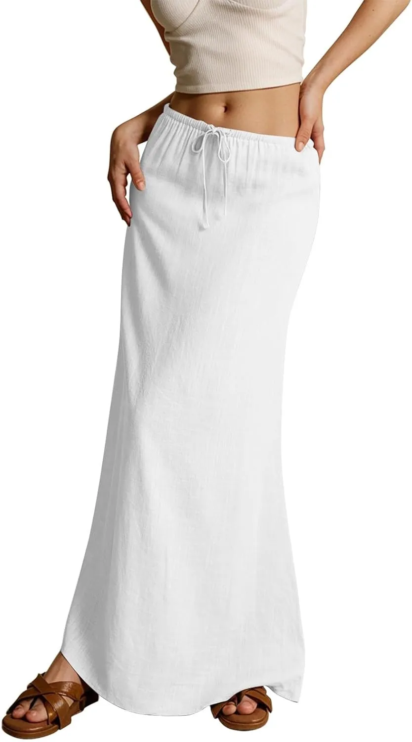 AMDBEL Maxi Skirts for Women Summer,Cotton Linen Long Skirts Boho Casual Flowy Skirts Drawstring Waist A Line Beach Skirts