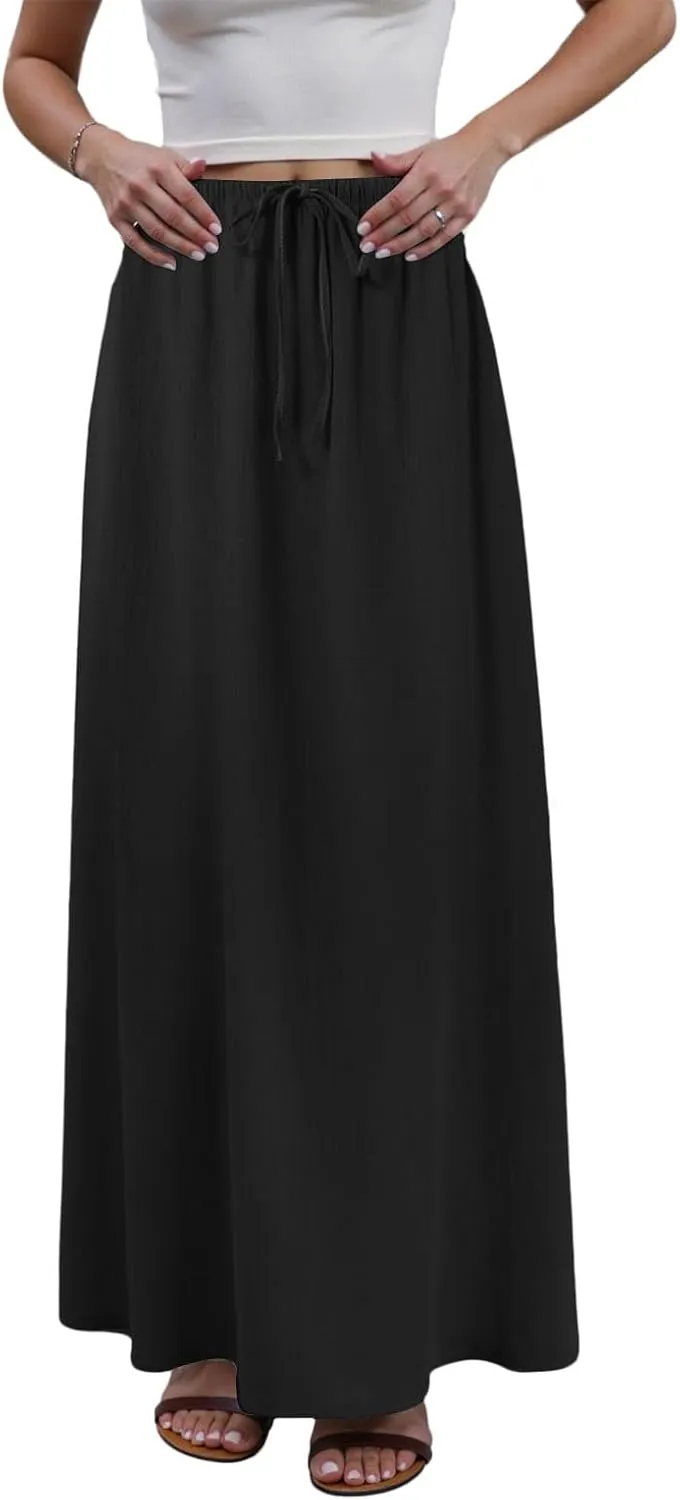 AMDBEL Maxi Skirts for Women Summer,Cotton Linen Long Skirts Boho Casual Flowy Skirts Drawstring Waist A Line Beach Skirts
