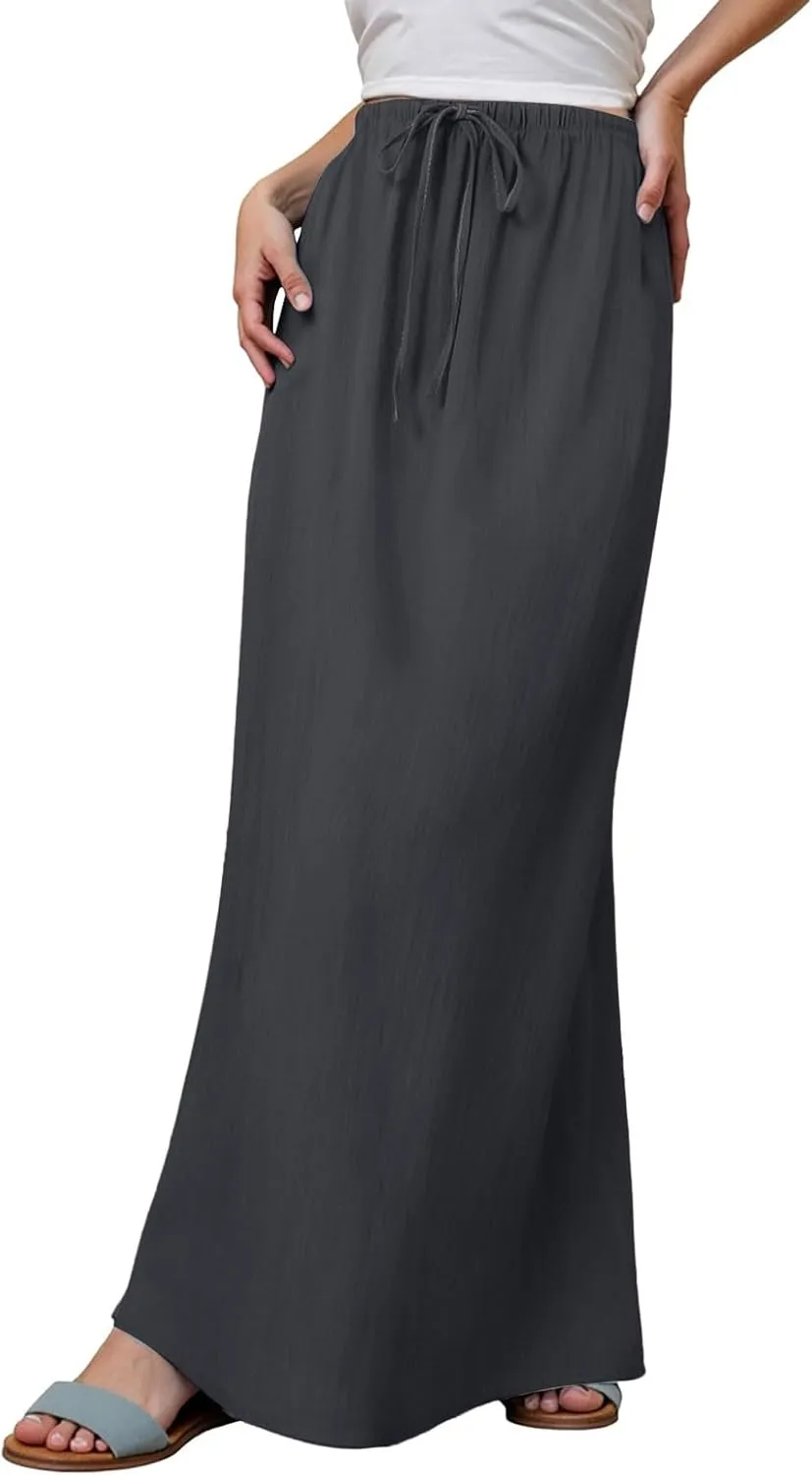 AMDBEL Maxi Skirts for Women Summer,Cotton Linen Long Skirts Boho Casual Flowy Skirts Drawstring Waist A Line Beach Skirts
