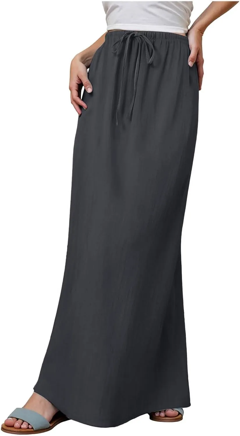 AMDBEL Maxi Skirts for Women Summer,Cotton Linen Long Skirts Boho Casual Flowy Skirts Drawstring Waist A Line Beach Skirts