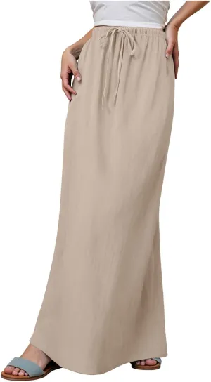 AMDBEL Maxi Skirts for Women Summer,Cotton Linen Long Skirts Boho Casual Flowy Skirts Drawstring Waist A Line Beach Skirts