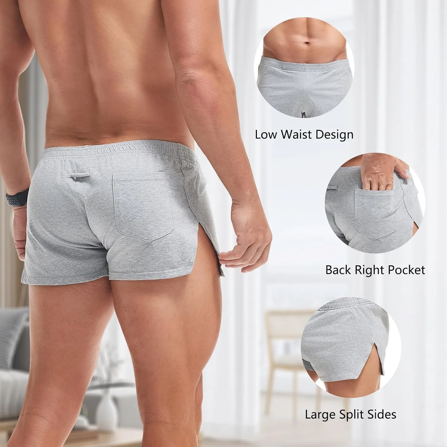 AMY COULEE Mens Cotton Gym Shorts Bodybuilding Lifting Lounge Split Shorts Lightweight Sleep Bottoms