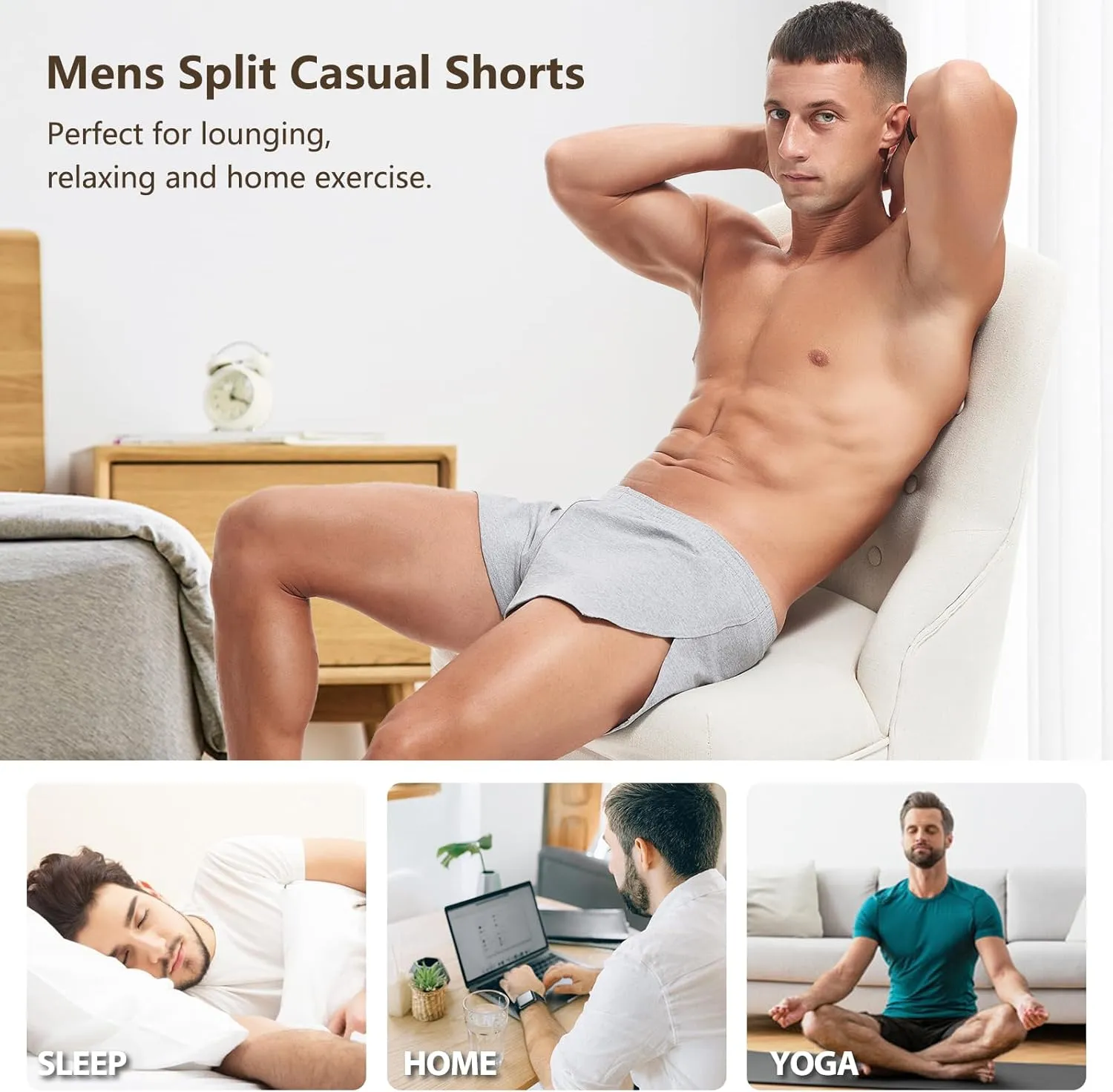 AMY COULEE Mens Cotton Gym Shorts Bodybuilding Lifting Lounge Split Shorts Lightweight Sleep Bottoms