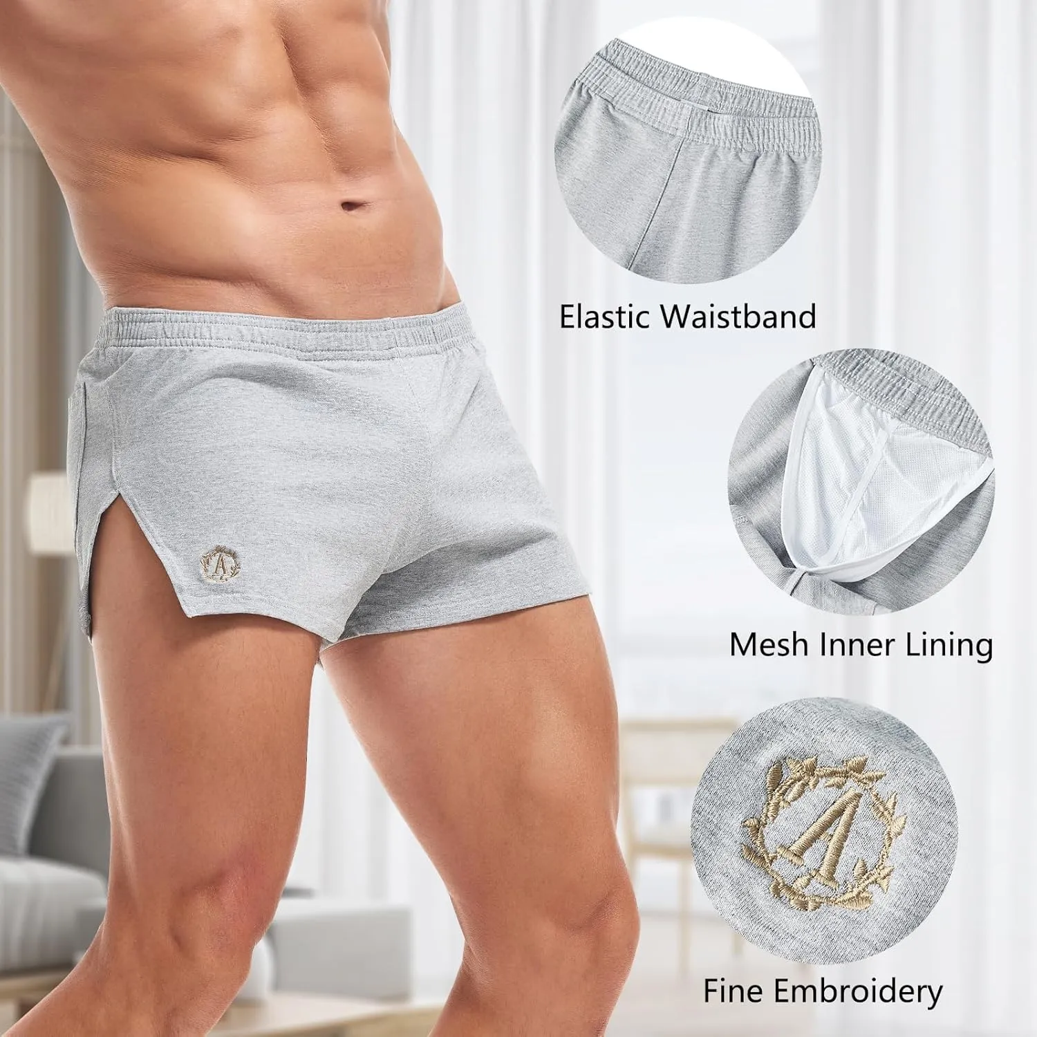 AMY COULEE Mens Cotton Gym Shorts Bodybuilding Lifting Lounge Split Shorts Lightweight Sleep Bottoms