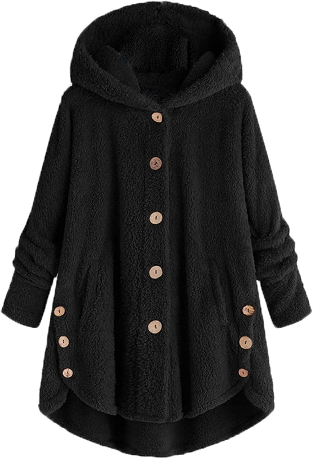 Andongnywell Women Oversized Sherpa Hoodie Fuzzy Fleece Jacket Single row buttons Outerwear Coat with Pockets (Black,Medium)