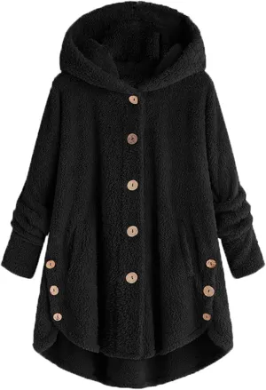 Andongnywell Women Oversized Sherpa Hoodie Fuzzy Fleece Jacket Single row buttons Outerwear Coat with Pockets (Black,Medium)