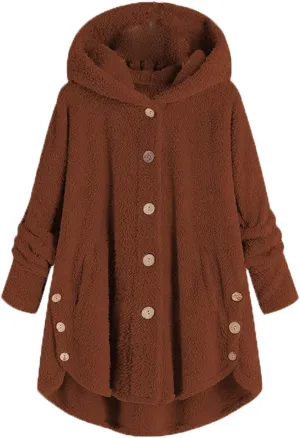 Andongnywell Women's Oversized Sherpa Hoodie Double-Sided Fleece Overcoat Single-Breasted with Pockets Coat (Brown,5X-Large)