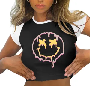 Avanova Women Graphic Raglan Short Sleeve Crop Top Color Block Crewneck Baby Tee Shirt