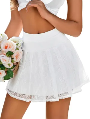 Avidlove Women's Pleated Skater Skirt Basic Casual High Waisted Lace Flared Mini Lingerie Skirts