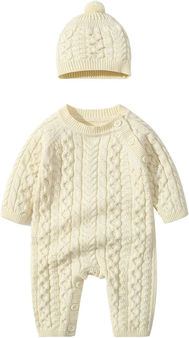 Baby Girl Boy Knitted Sweater Romper Jumpsuit Long Sleeve Solid Cable Knit Playsuit with Hat (Beige, 12-18 Months) j1115r