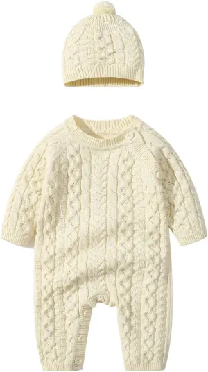 Baby Girl Boy Knitted Sweater Romper Jumpsuit Long Sleeve Solid Cable Knit Playsuit with Hat (Beige, 12-18 Months) j1115r
