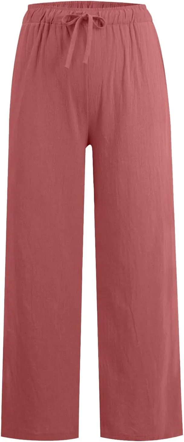 Baggy Linen Pants Women Causal Summer High Waisted Wide Leg Pants Comfy Lightwieght Beach Trousers with Pockets