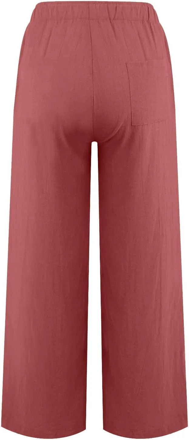 Baggy Linen Pants Women Causal Summer High Waisted Wide Leg Pants Comfy Lightwieght Beach Trousers with Pockets
