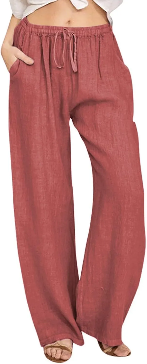 Baggy Linen Pants Women Causal Summer High Waisted Wide Leg Pants Comfy Lightwieght Beach Trousers with Pockets