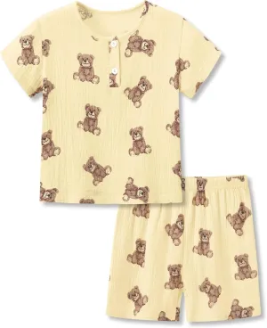 Beezizac 100% Cotton Crinkle Gauze Pajamas for Toddler Boys & Girls Unisex Baby Summer Henley 2-Piece Outfit 2T-5T