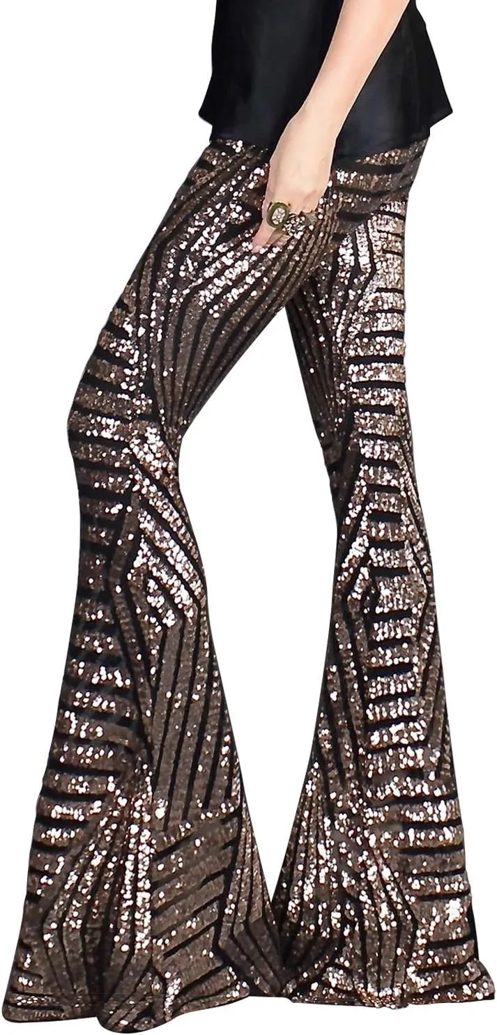 BLENCOT Women's Glitter Sequin Wide Leg Palazzo Pants High Waist Bell Bottoms Party Flared Trousers