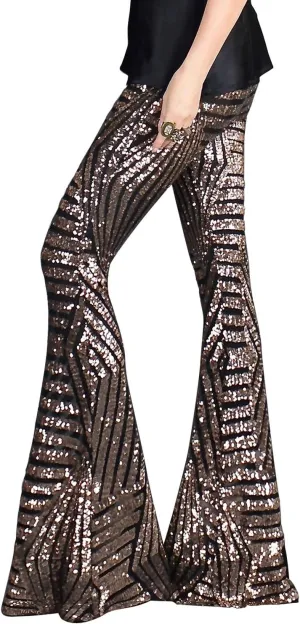 BLENCOT Women's Glitter Sequin Wide Leg Palazzo Pants High Waist Bell Bottoms Party Flared Trousers