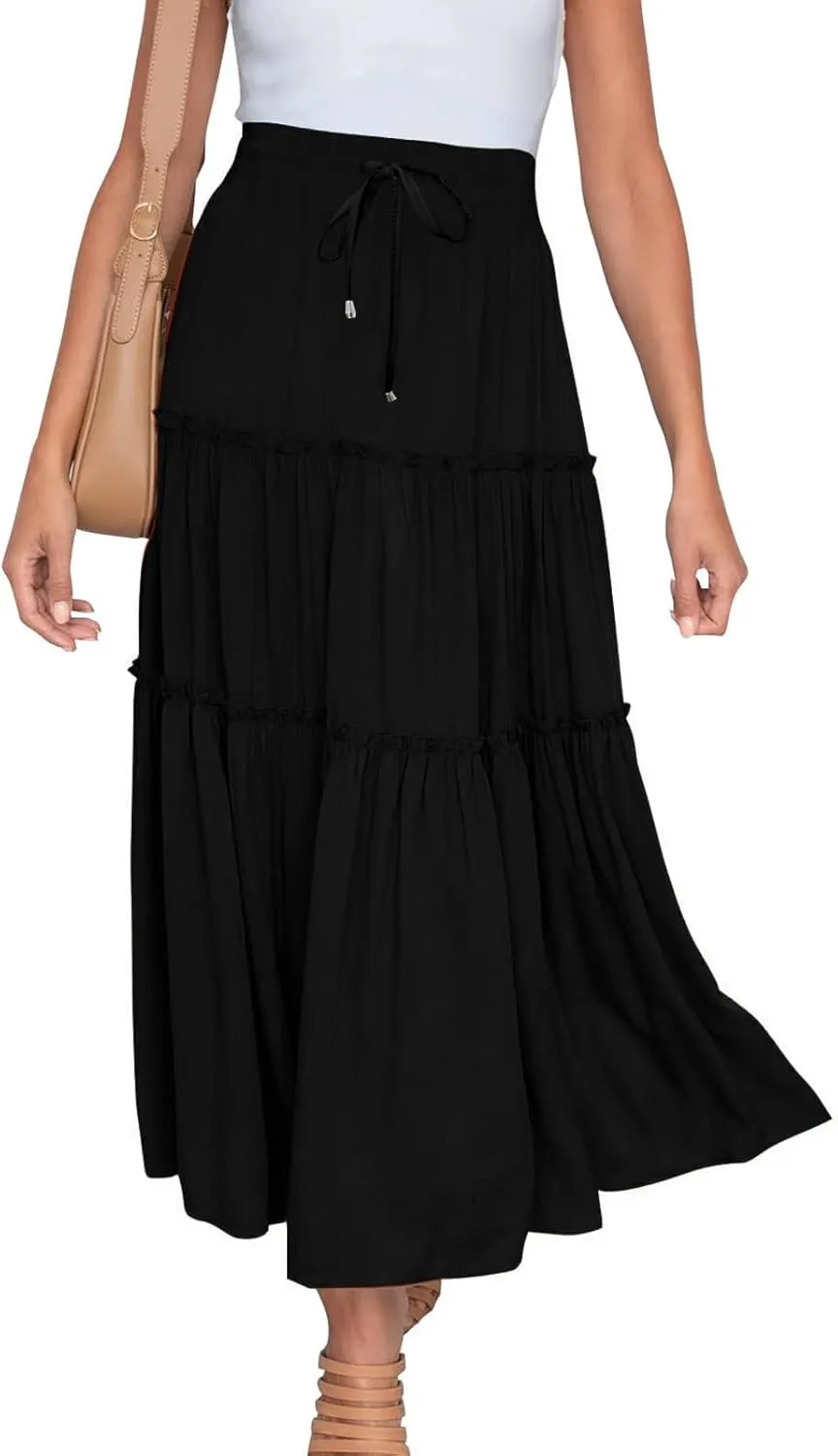 Boho Maxi Skirts Women Summer Elastic Waist Loose Long Skirts Solid Colour Bohemian Skirts Ladies Casual Outfits