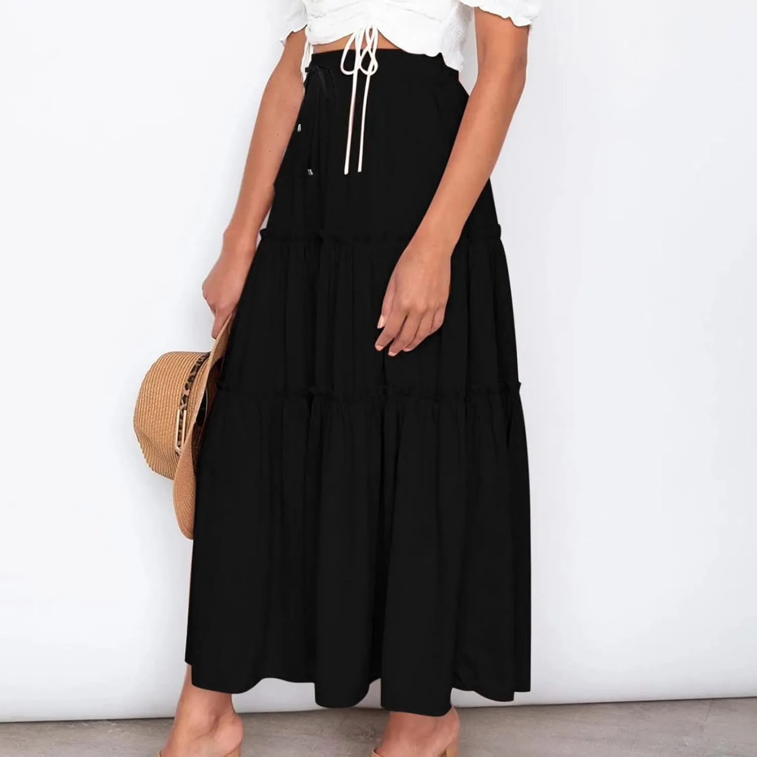 Boho Maxi Skirts Women Summer Elastic Waist Loose Long Skirts Solid Colour Bohemian Skirts Ladies Casual Outfits