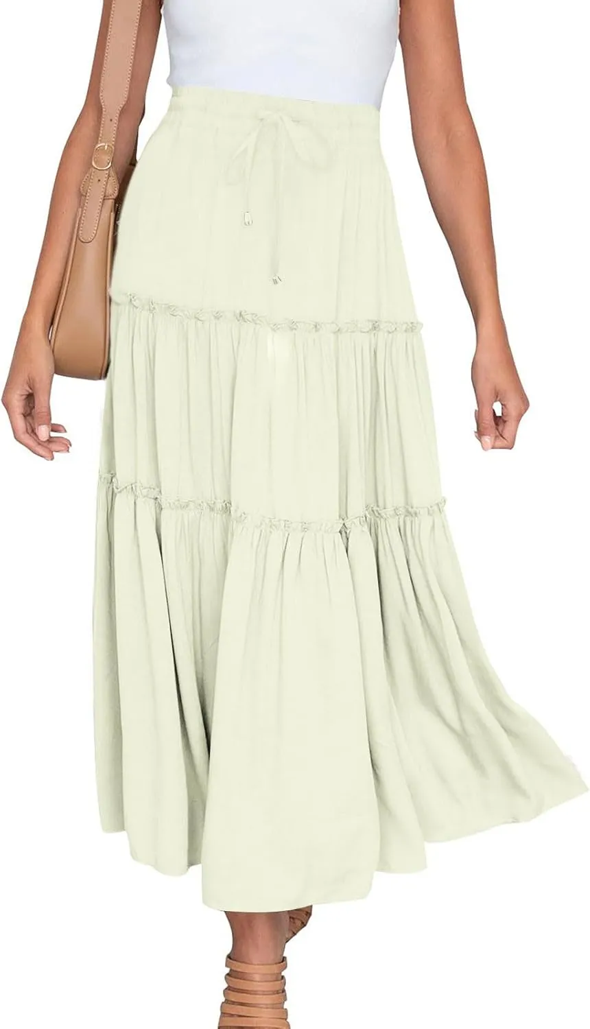 Boho Maxi Skirts Women Summer Elastic Waist Loose Long Skirts Solid Colour Bohemian Skirts Ladies Casual Outfits