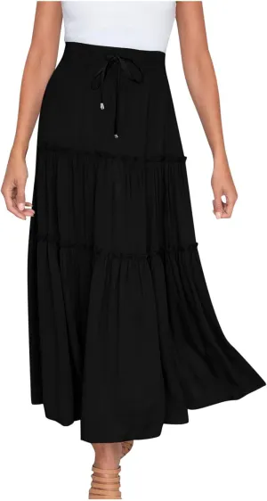 Boho Maxi Skirts Women Summer Elastic Waist Loose Long Skirts Solid Colour Bohemian Skirts Ladies Casual Outfits