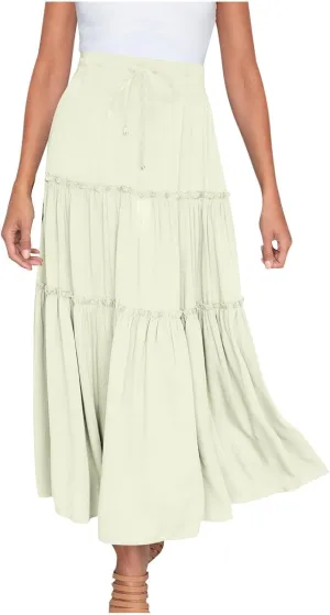 Boho Maxi Skirts Women Summer Elastic Waist Loose Long Skirts Solid Colour Bohemian Skirts Ladies Casual Outfits