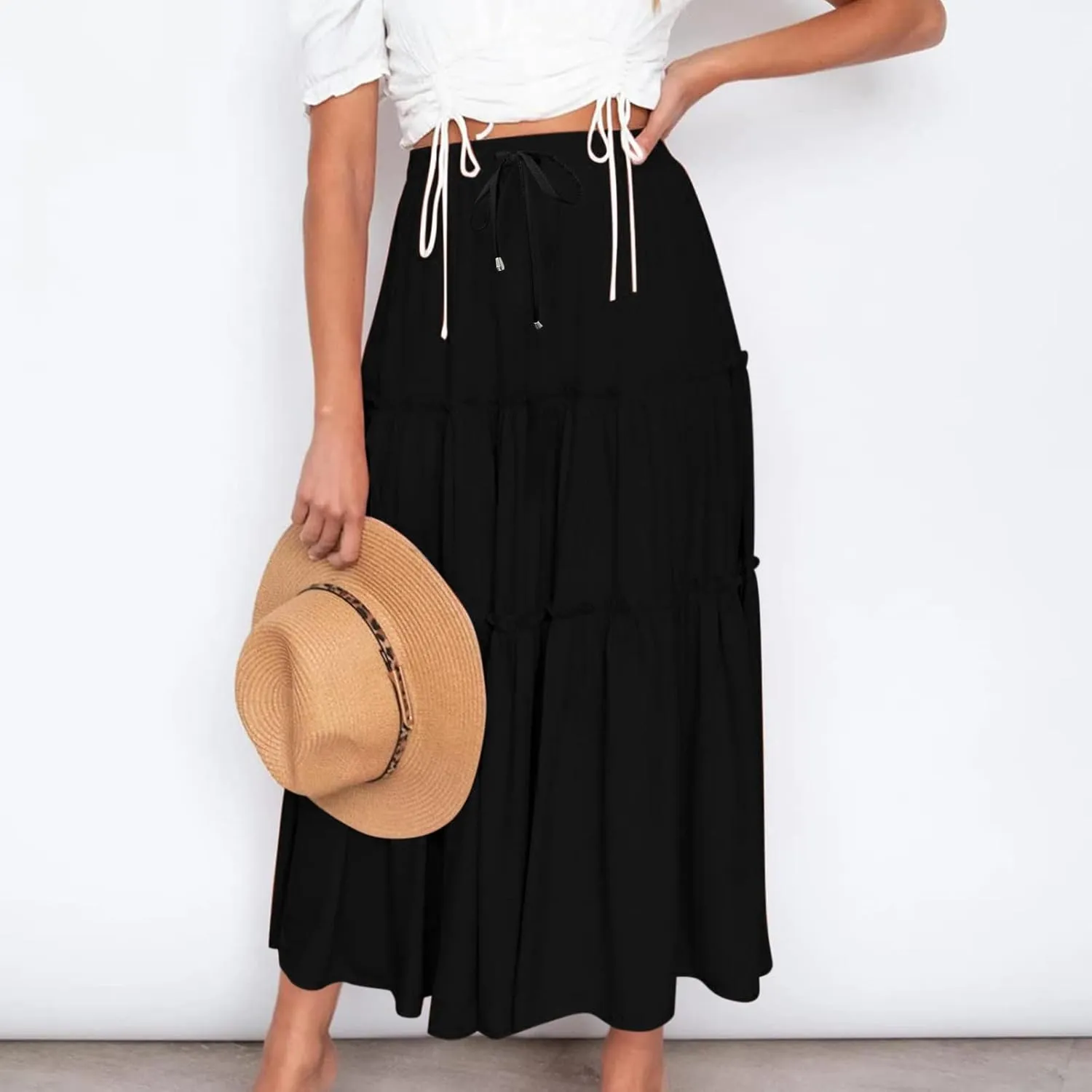Boho Maxi Skirts Women Summer Elastic Waist Loose Long Skirts Solid Colour Bohemian Skirts Ladies Casual Outfits